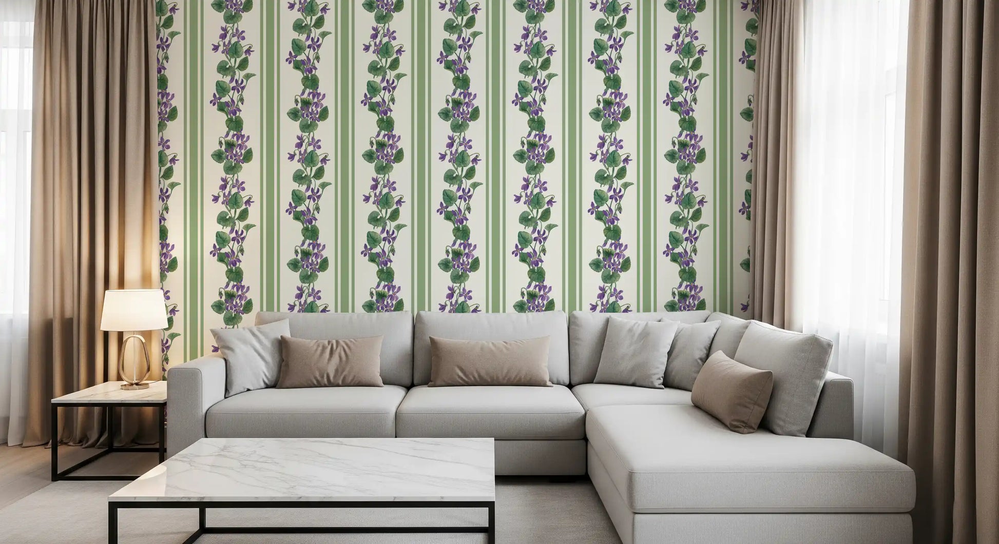 Living room lined in Green Violet Stripe Wallpaper with botanical pattern
