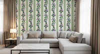 Living room lined in Green Violet Stripe Wallpaper with botanical pattern