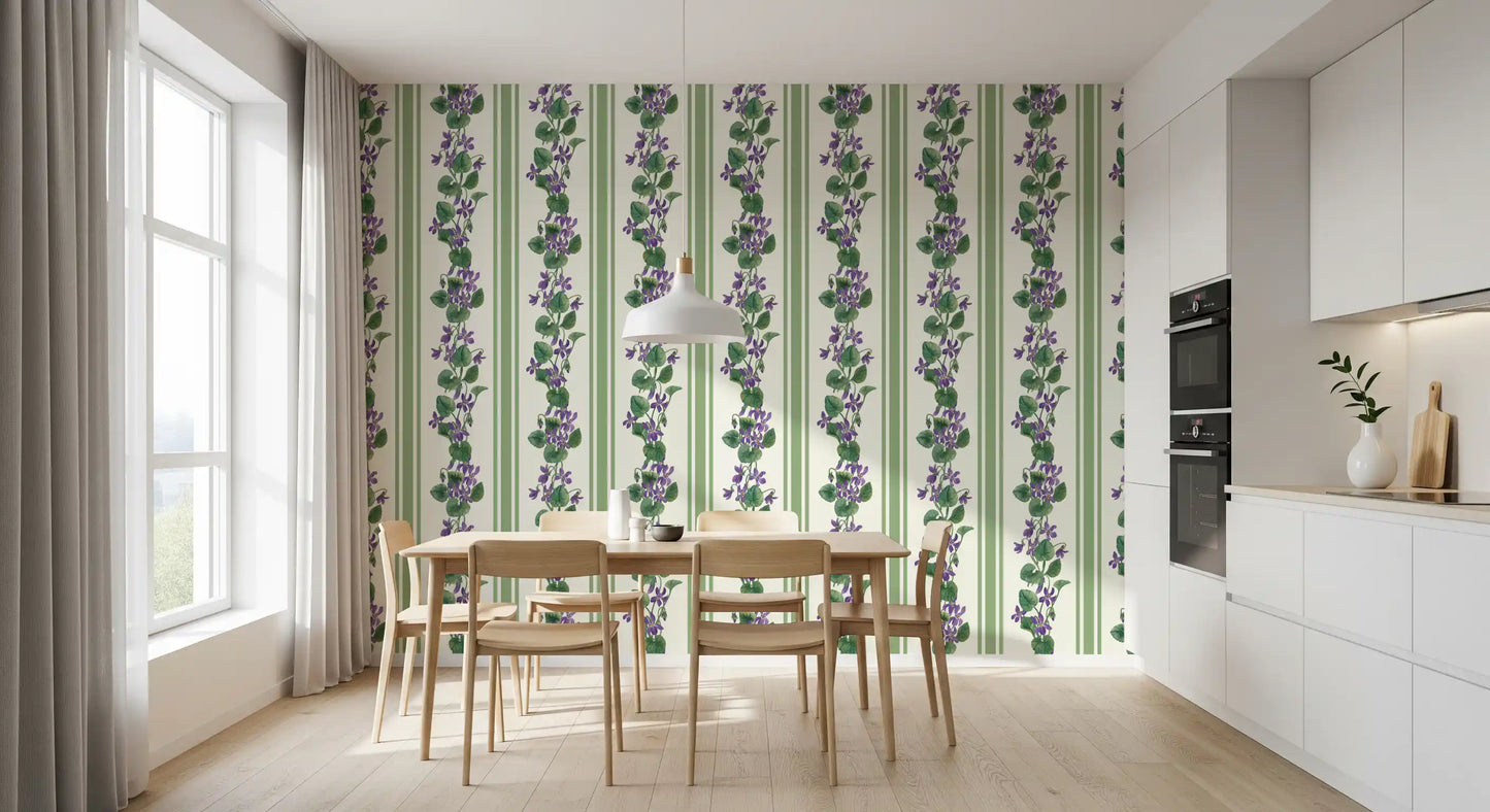 Delicate violet stripe wallpaper with green leaves on a light ground