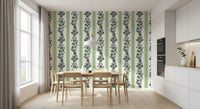 Delicate violet stripe wallpaper with green leaves on a light ground