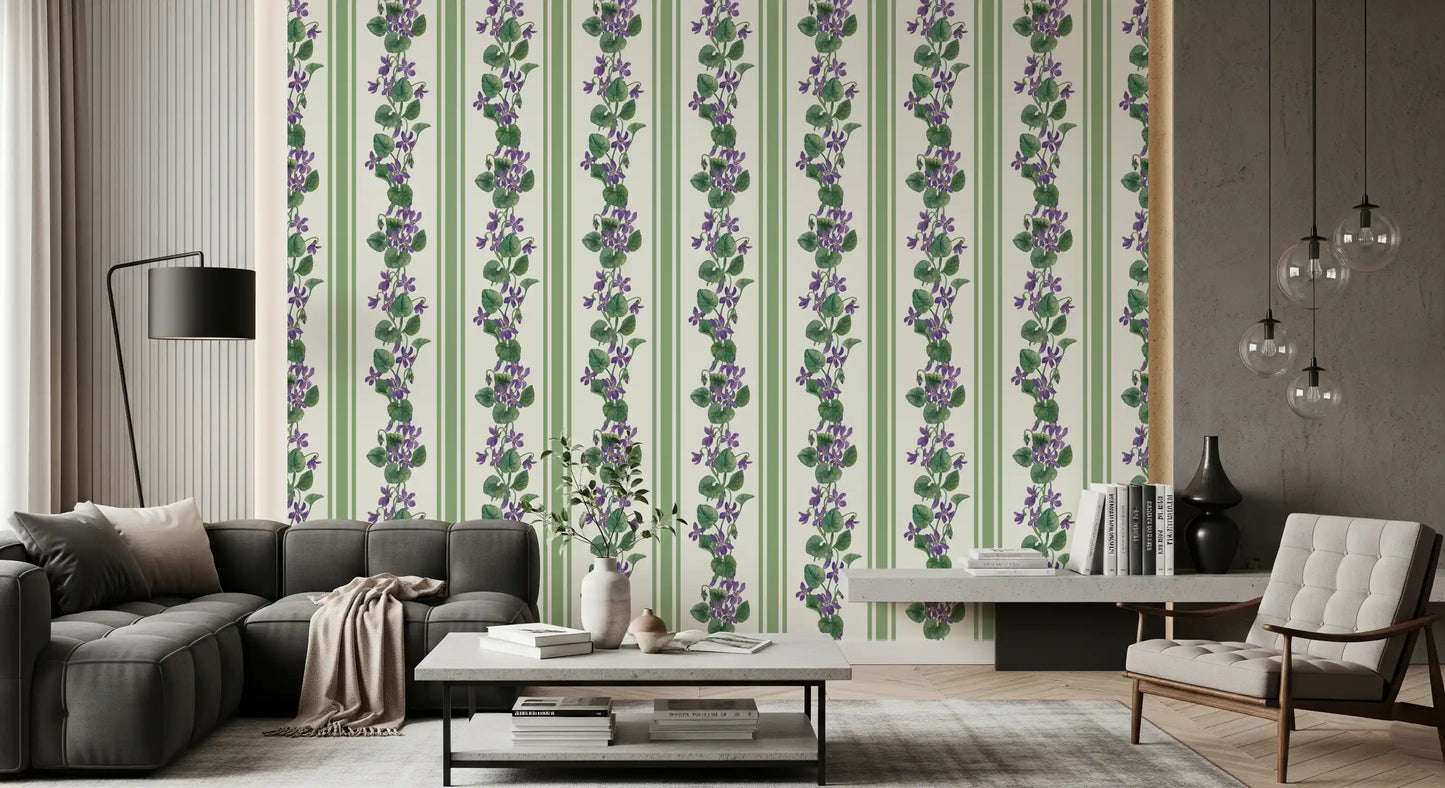 Pale green violet wallpaper with striped spacing and violet blossoms
