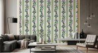 Pale green violet wallpaper with striped spacing and violet blossoms