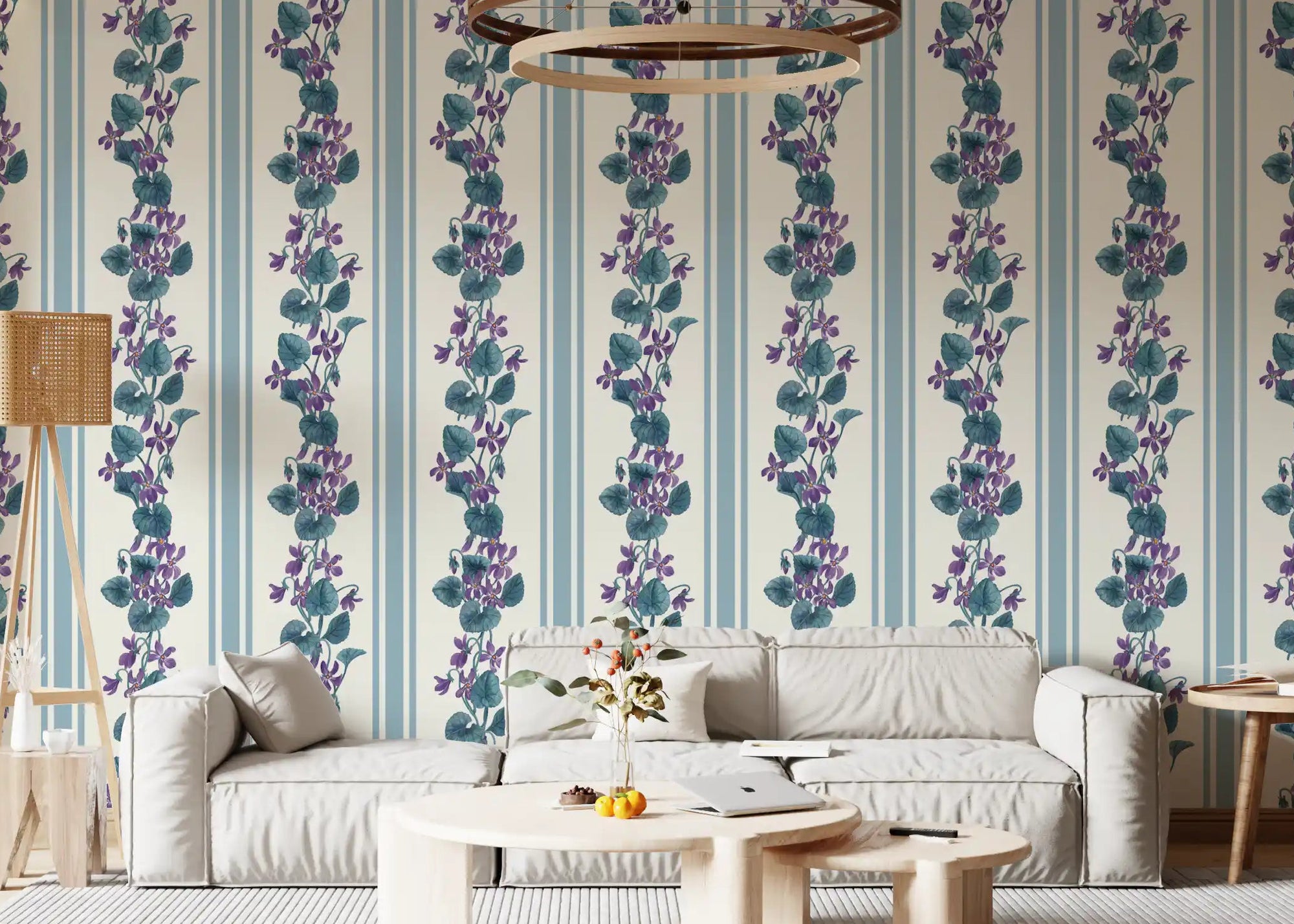Living room with Stripes Violets Wallpaper and blue vertical floral lines