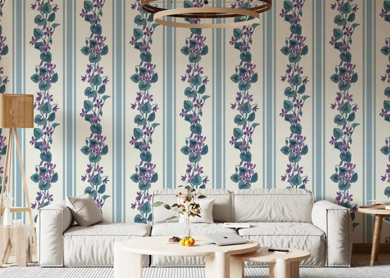 Living room with Stripes Violets Wallpaper and blue vertical floral lines