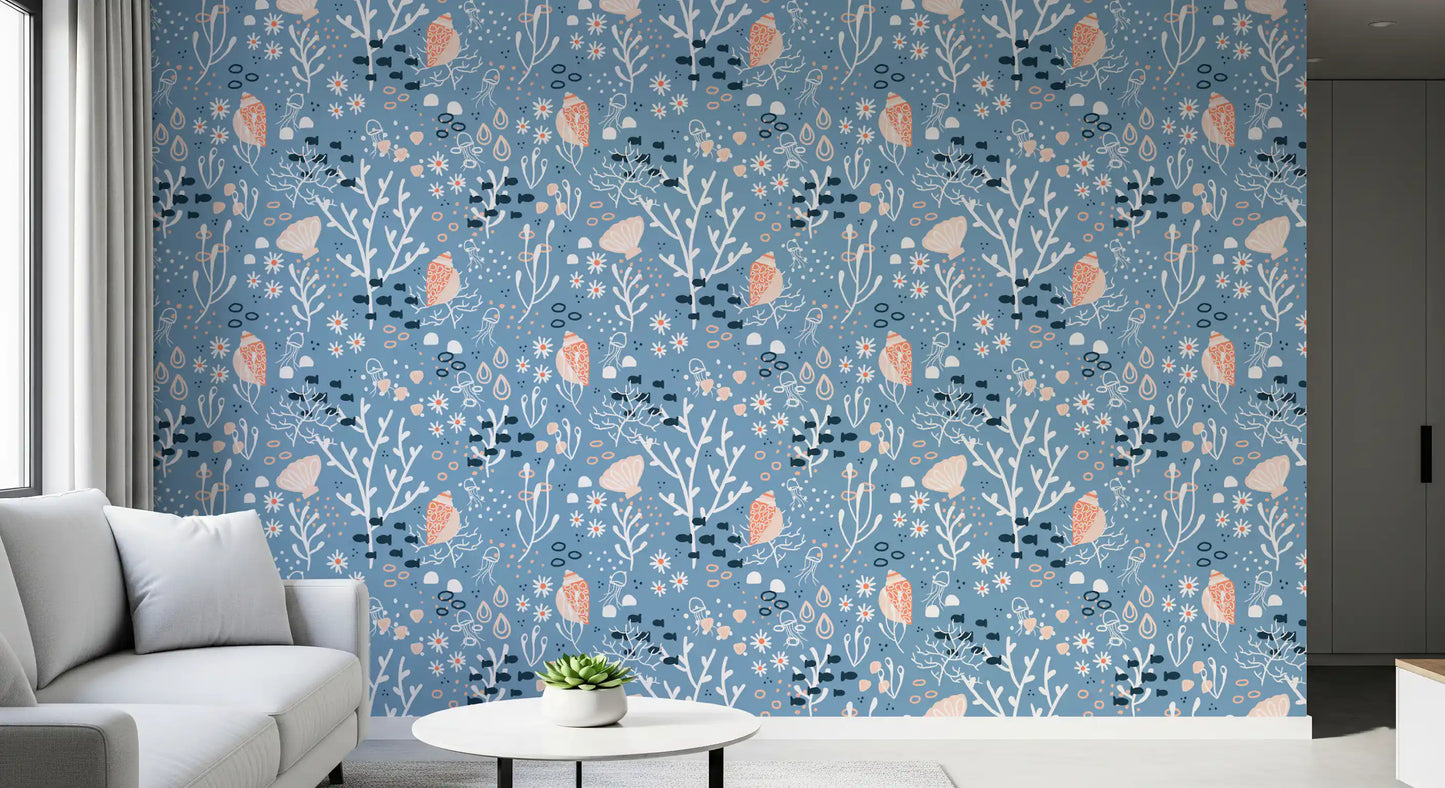 Study room with ocean seashell wallpaper in soft blue and peach accents