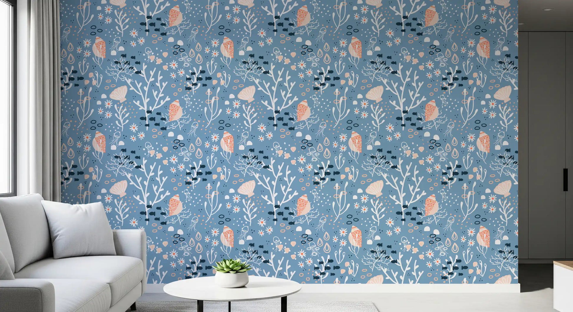 Study room with ocean seashell wallpaper in soft blue and peach accents