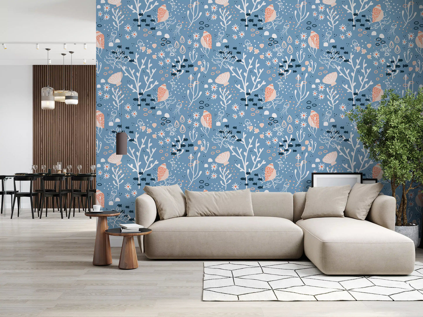 Coastal wallpaper with seashells, jellyfish, fish, and soft blue color
