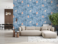 Coastal wallpaper with seashells, jellyfish, fish, and soft blue color