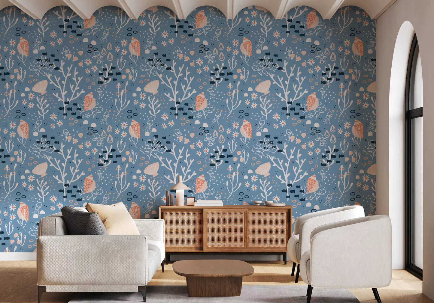 Hallway using blue seashell wallpaper with coral branches and fish artwork