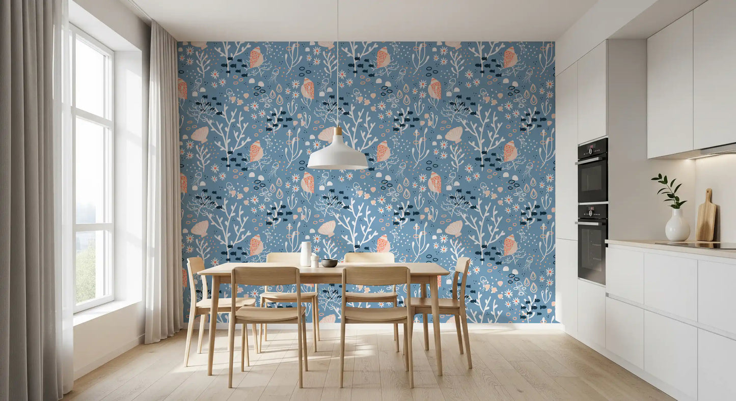 Seashells Wallpaper with coral shapes, fish motifs, and blue sea pattern