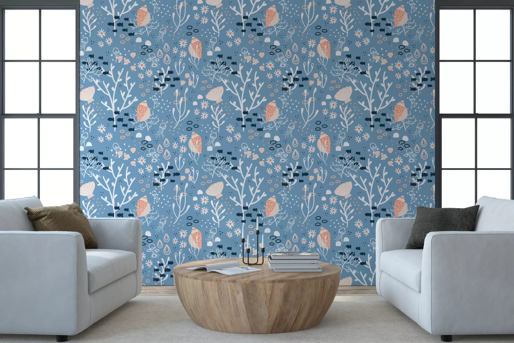 Home Office styled with Seashells Wallpaper and soft underwater shell patterning