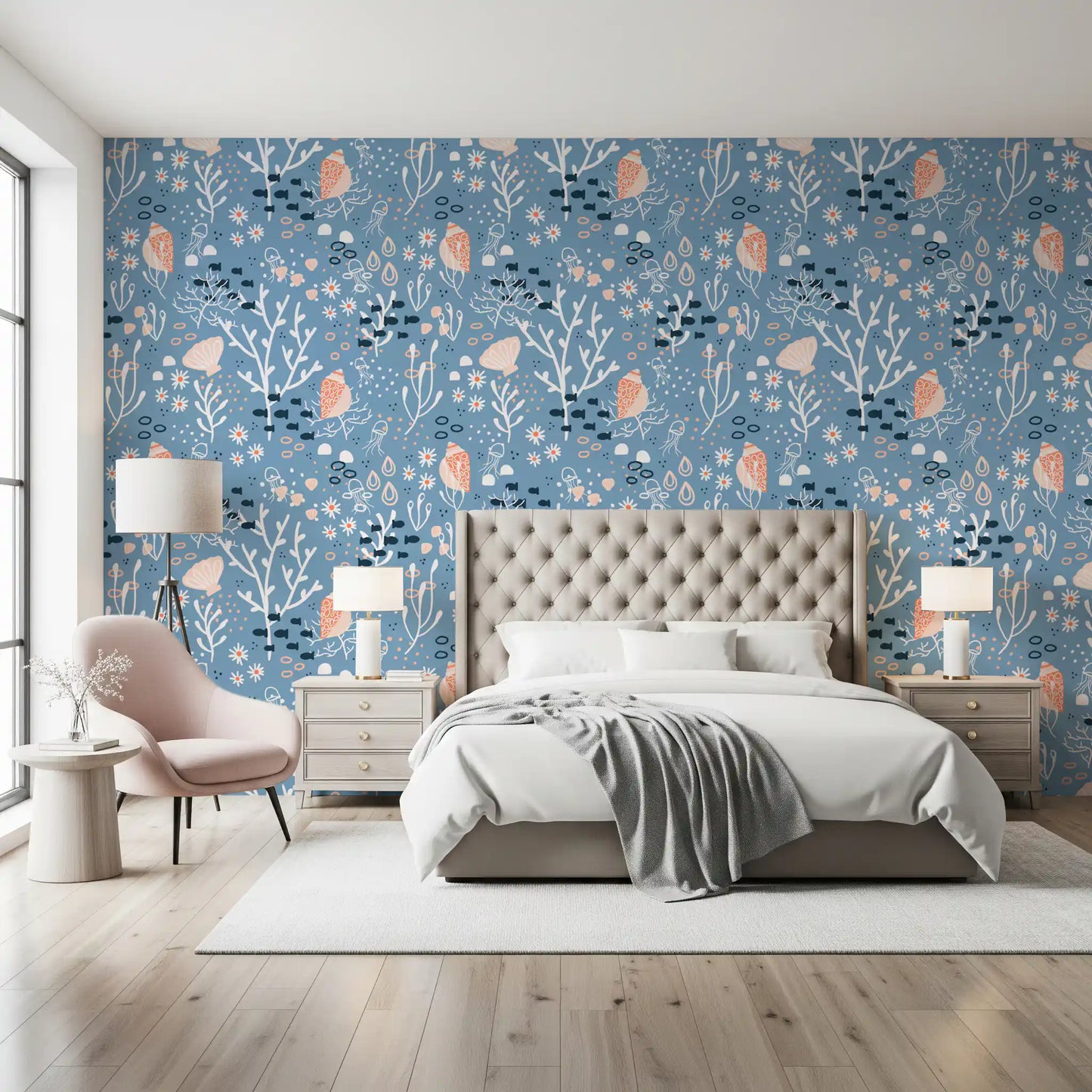 Blue seashell wallpaper showing peach shells, white coral, and marine dots