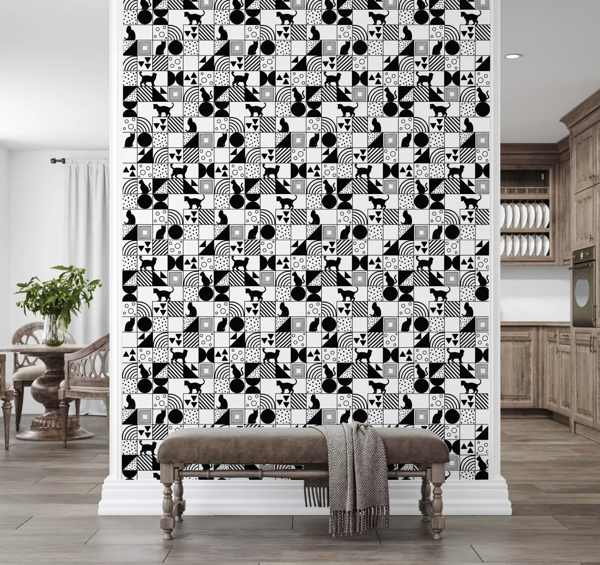 Living room wall finished in Monochrome Cat Maze wallpaper with black feline tiles