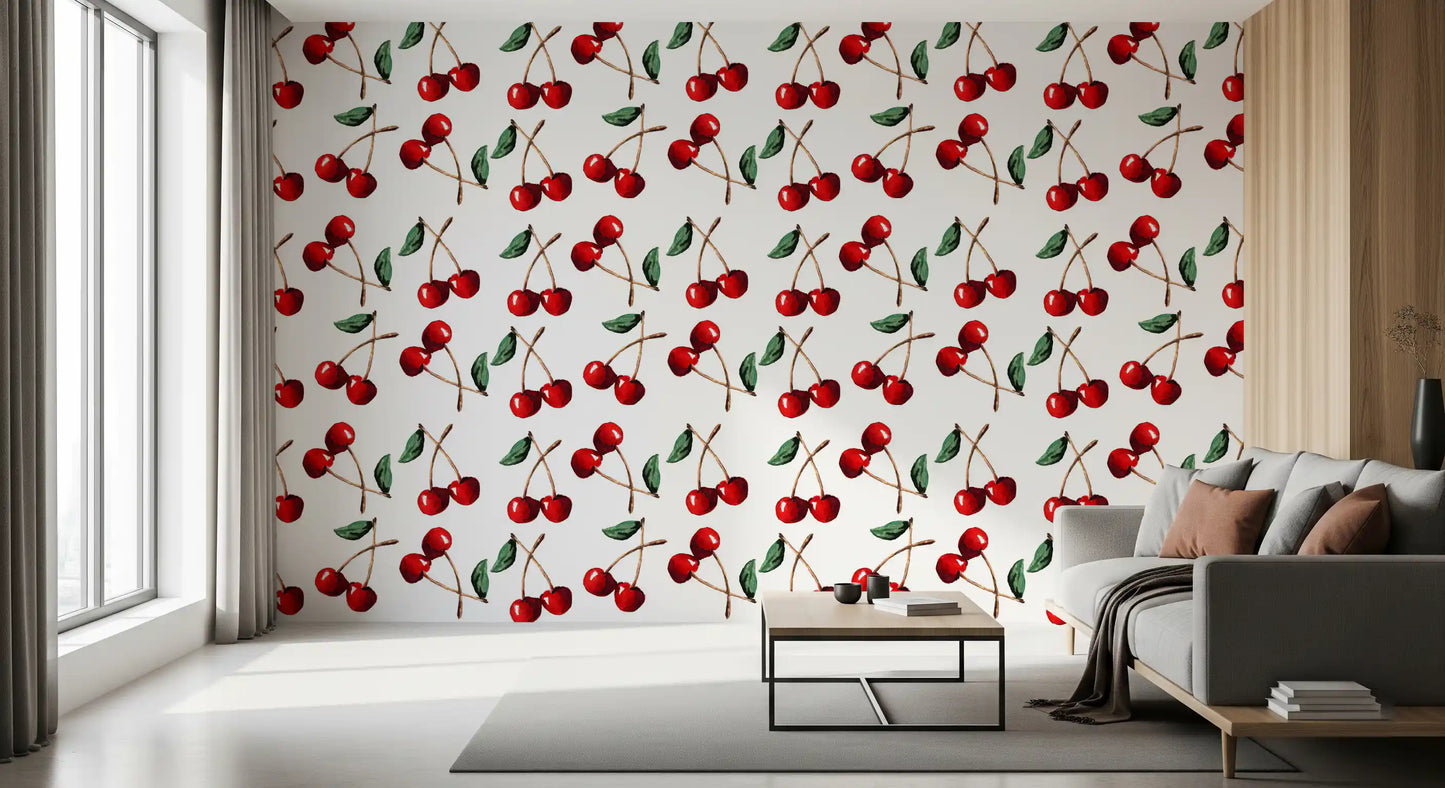 Hallway feature wall styled in Watercolor Cherries wallpaper artwork
