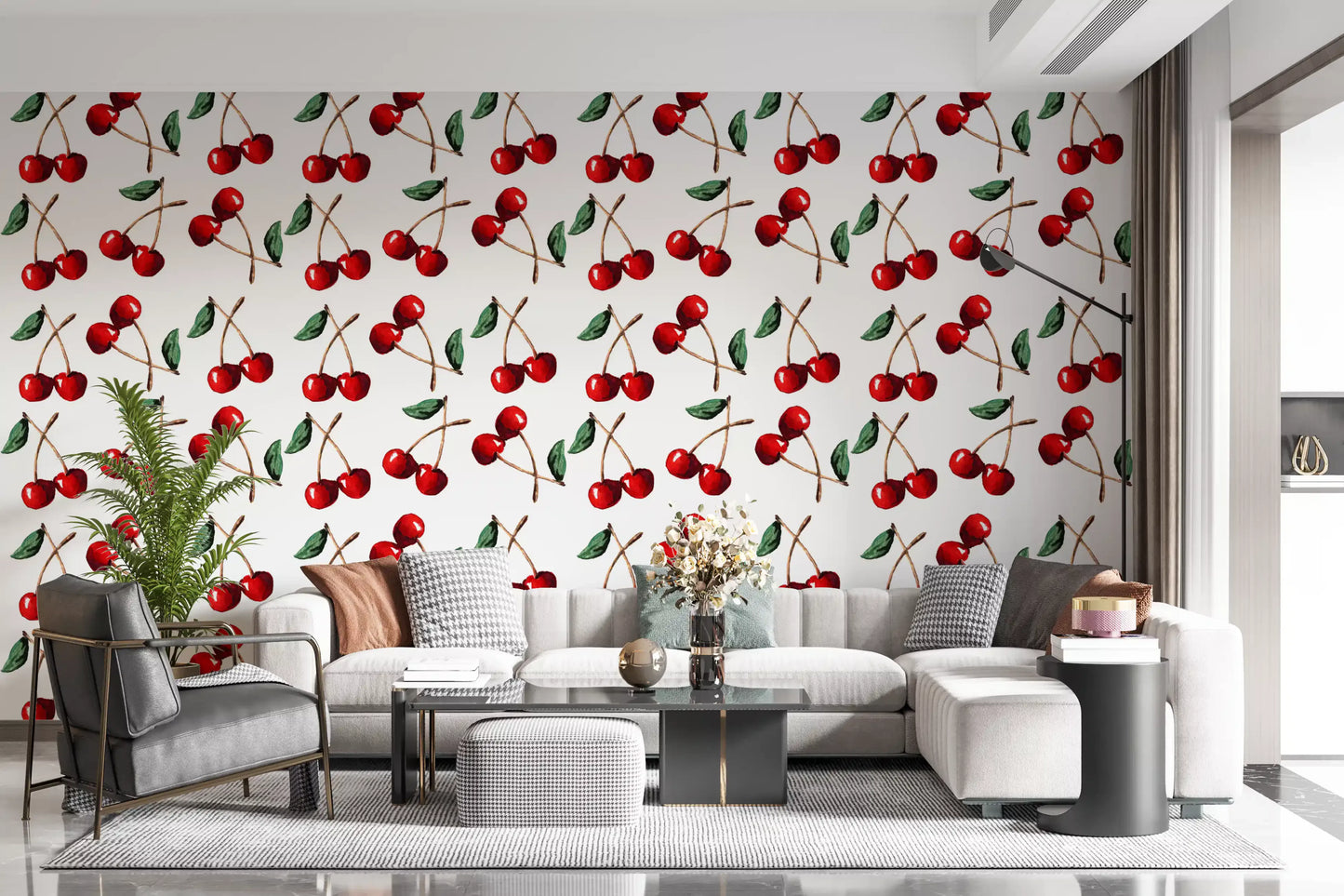 Crossed cherry stems and twin fruits on Cherries wallpaper artwork