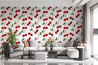 Crossed cherry stems and twin fruits on Cherries wallpaper artwork