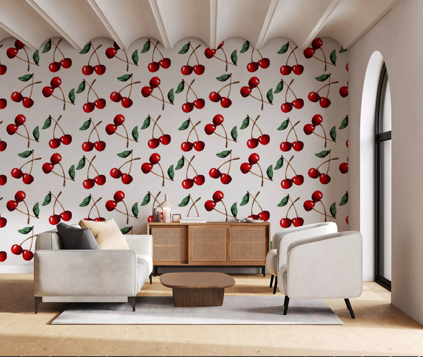 Hand-brushed fruit and stems running through Cherries wallpaper layout