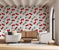 Hand-brushed fruit and stems running through Cherries wallpaper layout
