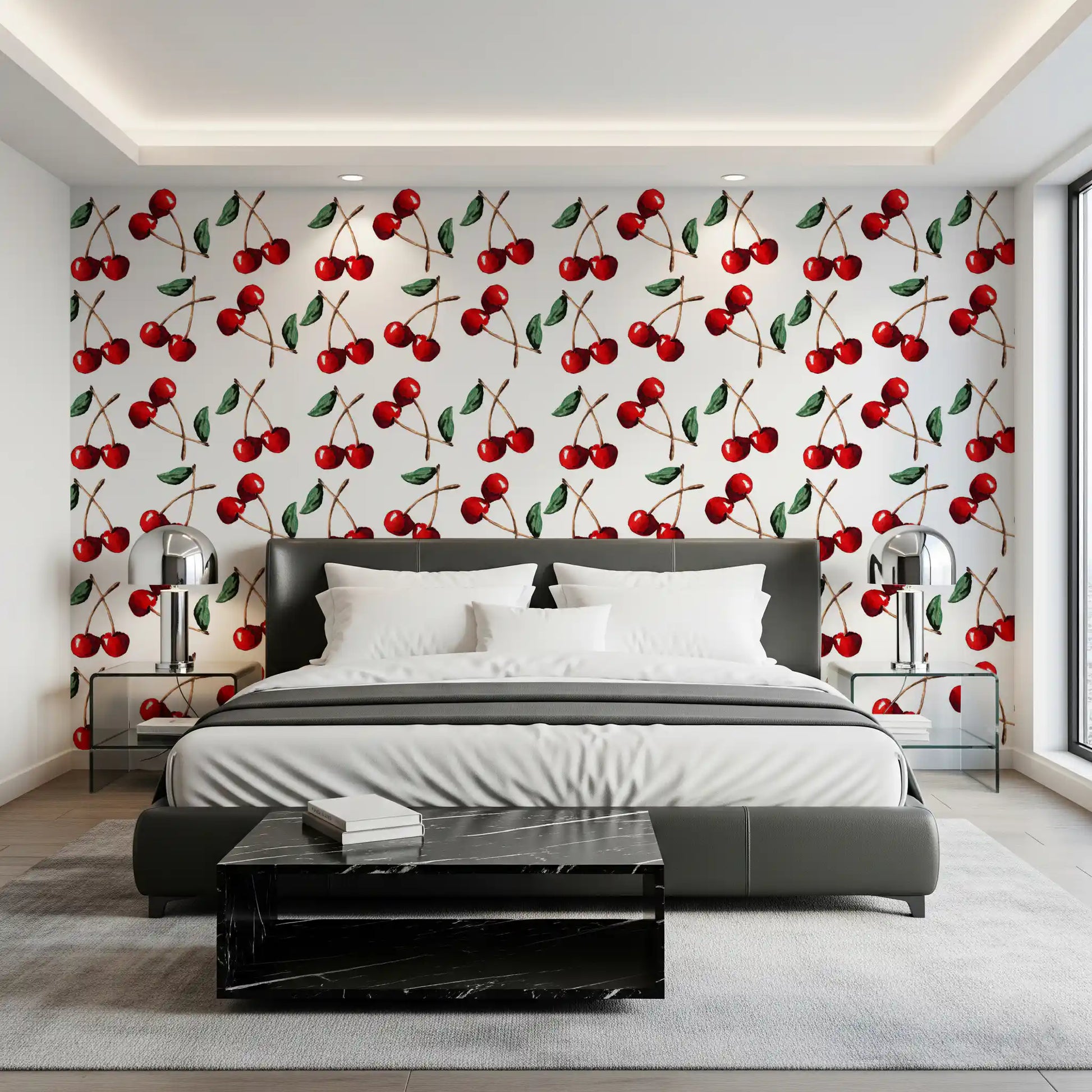 Fresh red and green palette across Watercolor Cherries wallpaper