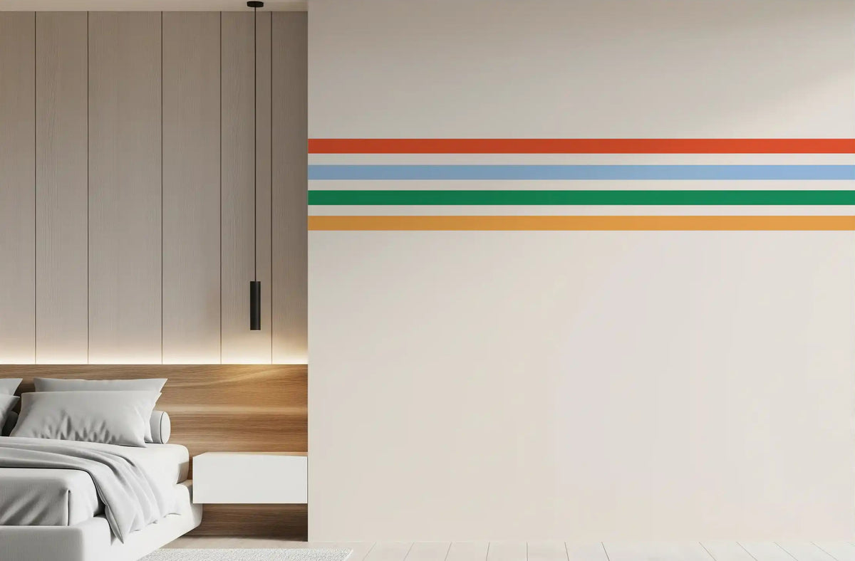 Bedroom wall finished in Retro Vibe Horizontal Stripes wall mural with bold bands