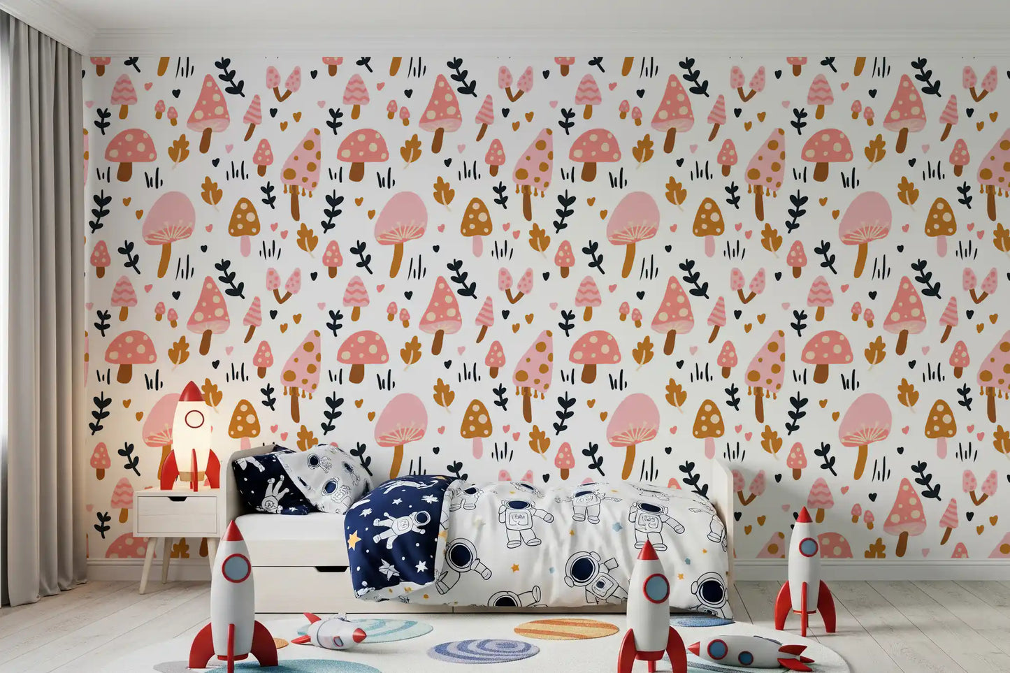 Pink toadstools paired with navy leaves on Sweet Woodland wallpaper