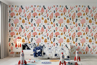 Pink toadstools paired with navy leaves on Sweet Woodland wallpaper