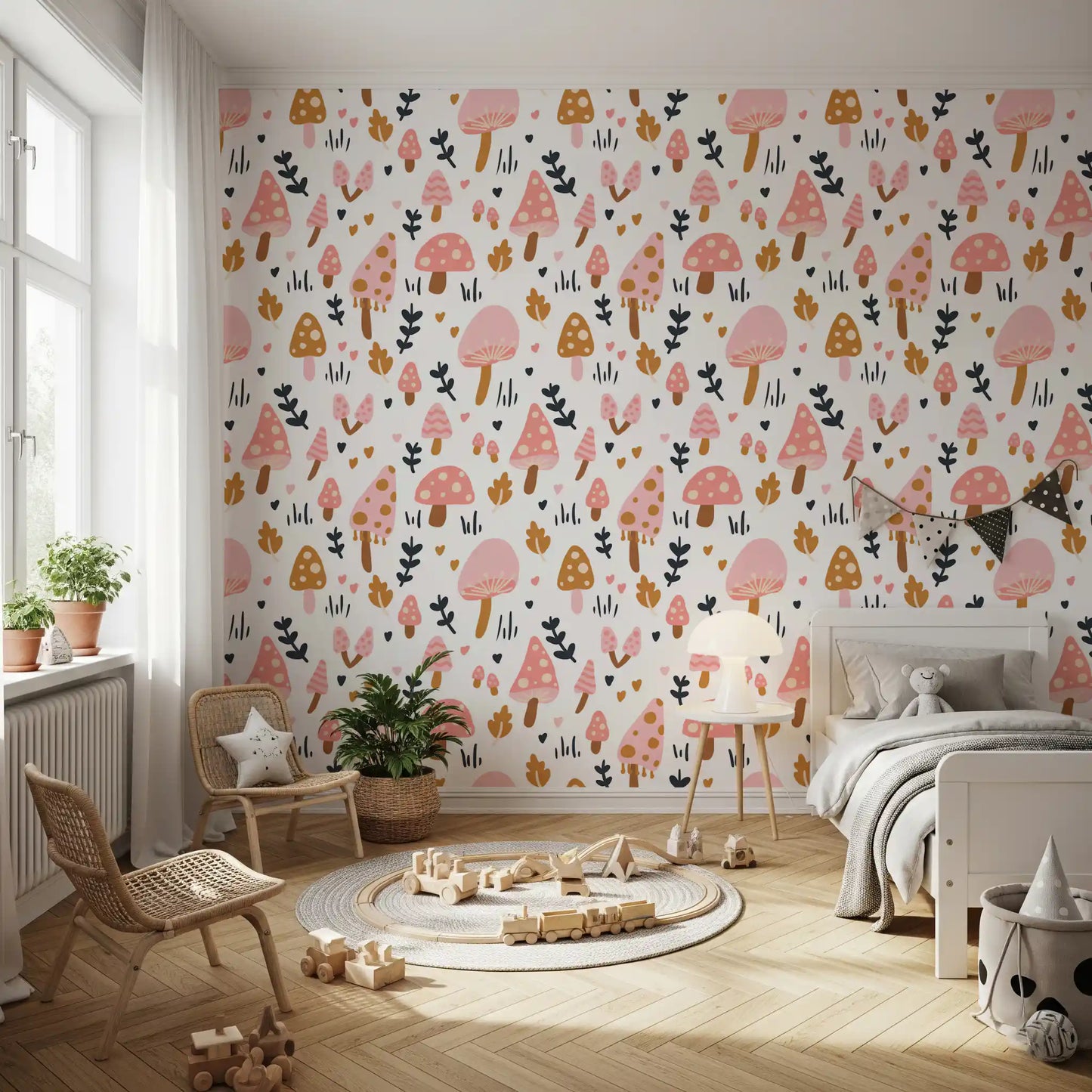 Bedroom wall finished with Sweet Mushrooms wallpaper and forest detail