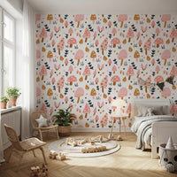 Bedroom wall finished with Sweet Mushrooms wallpaper and forest detail