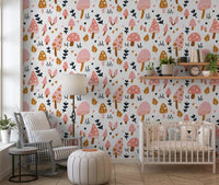 Nursery covered in Woodland Mushrooms wallpaper of pink and ochre caps