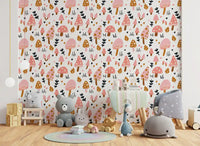 Clusters of toadstools and oak leaves on Woodland Mushrooms wallpaper print
