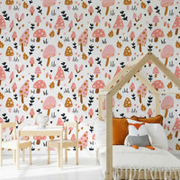 Bedroom wall showing Sweet Woodland Mushrooms wallpaper with pink toadstools
