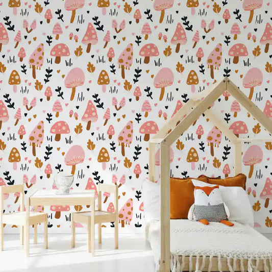 Bedroom wall showing Sweet Woodland Mushrooms wallpaper with pink toadstools