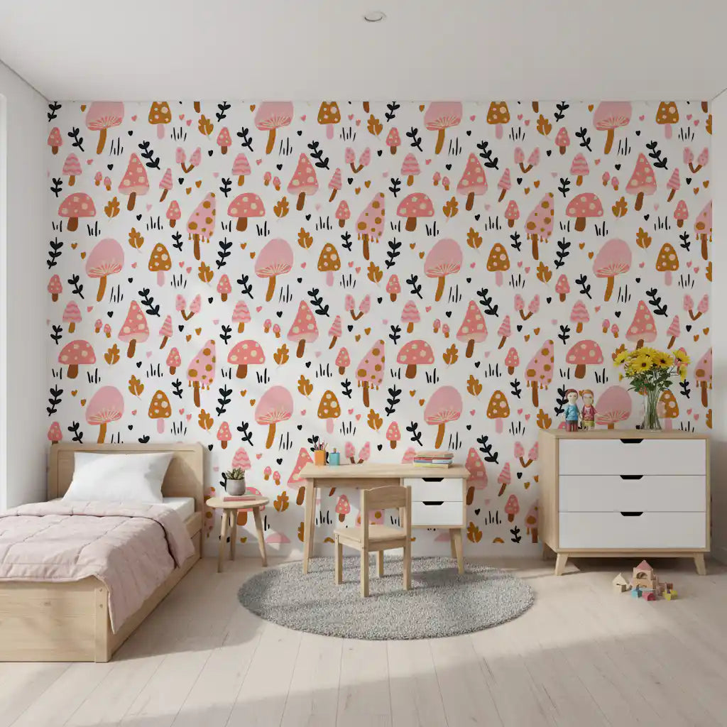 Kids room corner brightened by Sweet Woodland Mushrooms wallpaper print