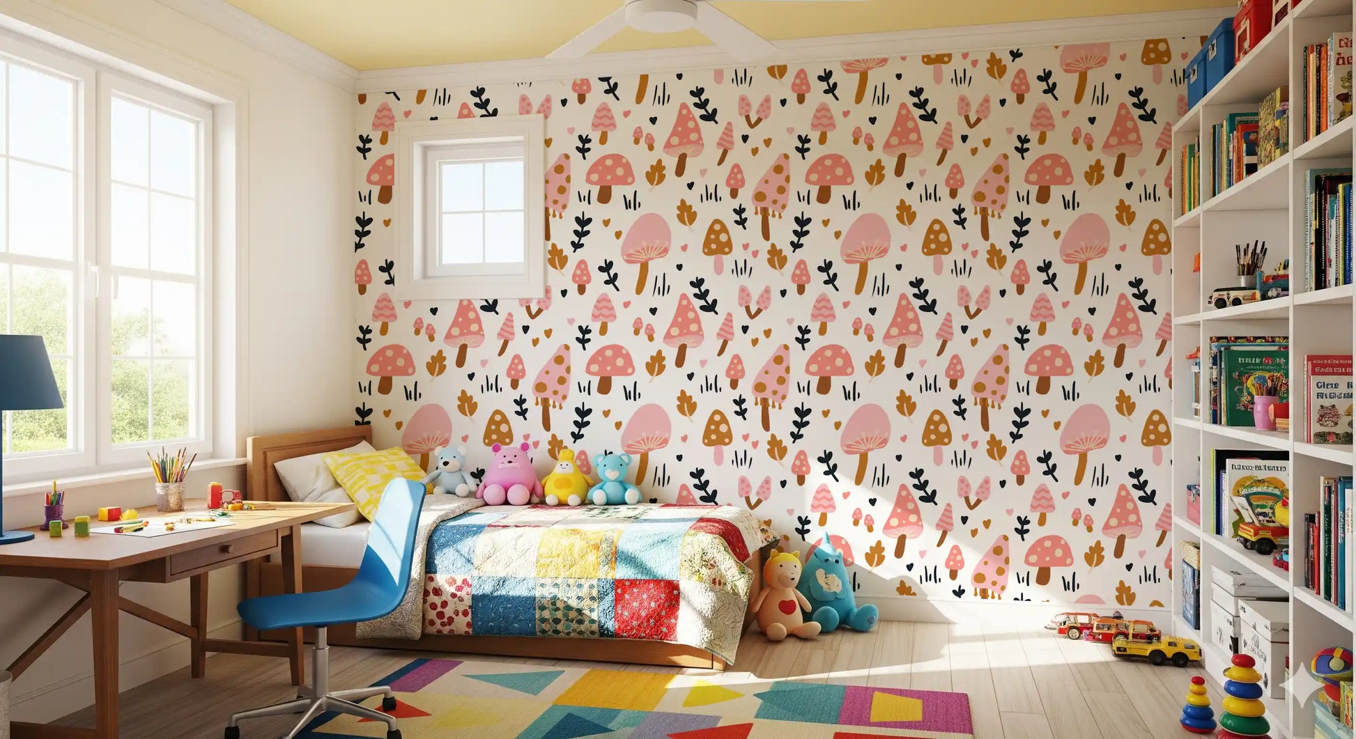 Spotted mushroom caps in pink and ochre shaping Sweet Mushrooms wallpaper