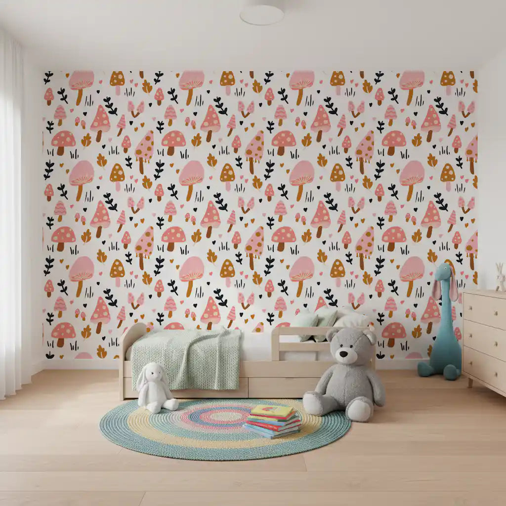 Tiny hearts and grass tufts running across Woodland Mushrooms wallpaper