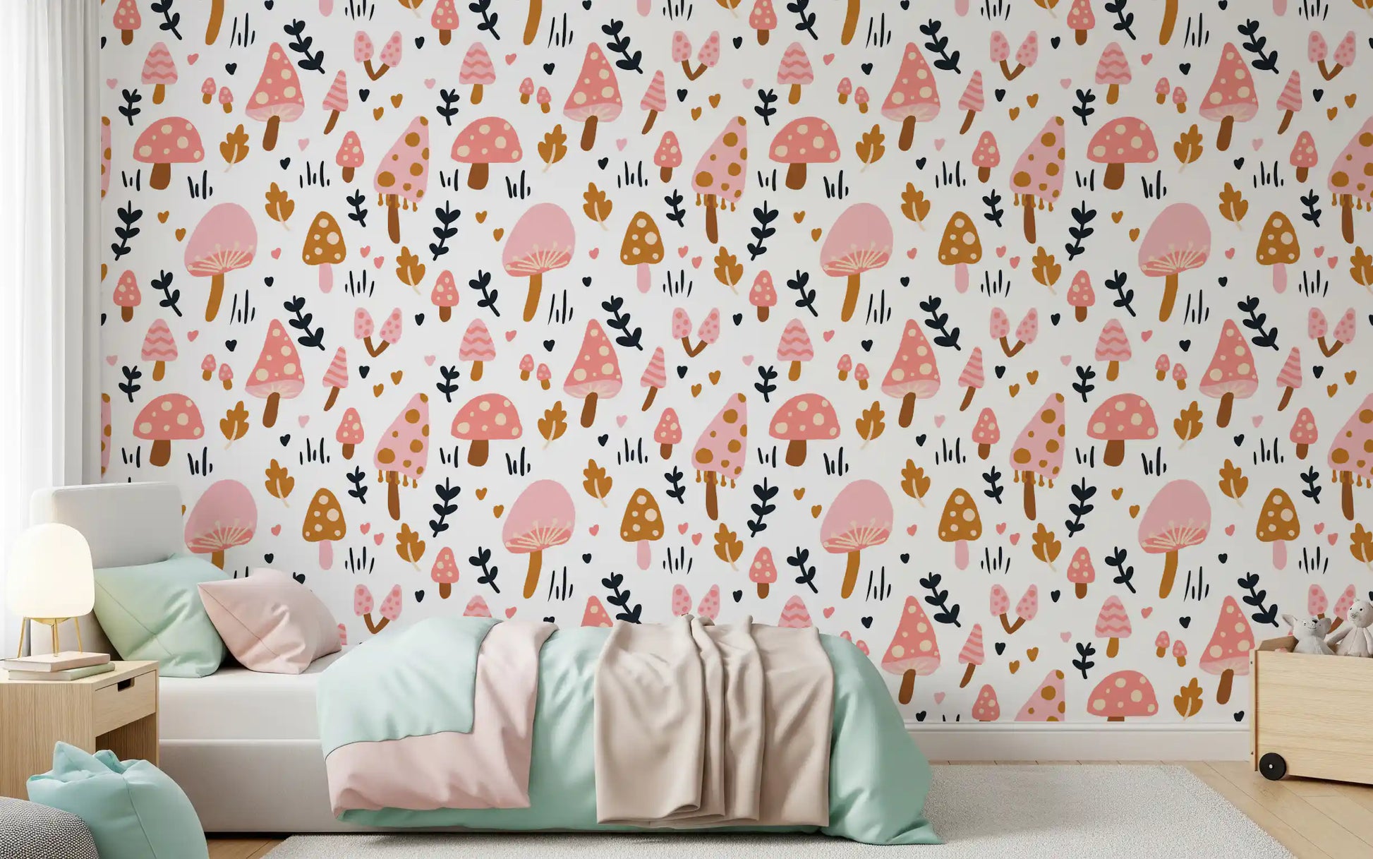 Bedroom feature wall printed in Sweet Woodland Mushrooms wallpaper artwork