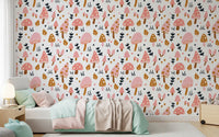 Bedroom feature wall printed in Sweet Woodland Mushrooms wallpaper artwork