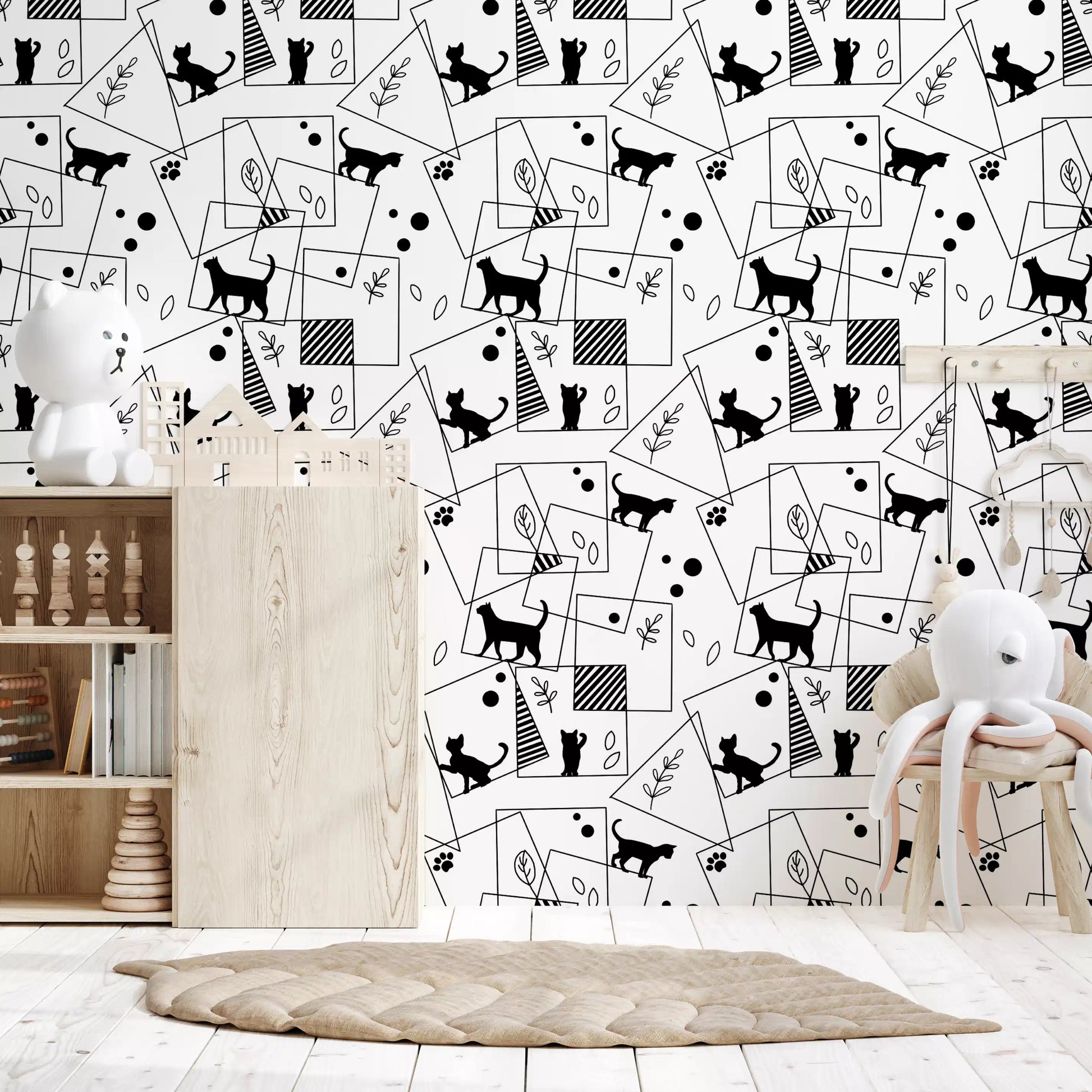 Striped panels and feline shapes on Geometric Cats wallpaper print
