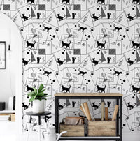 Home office corner wrapped in Geometric Cats wallpaper sketch design
