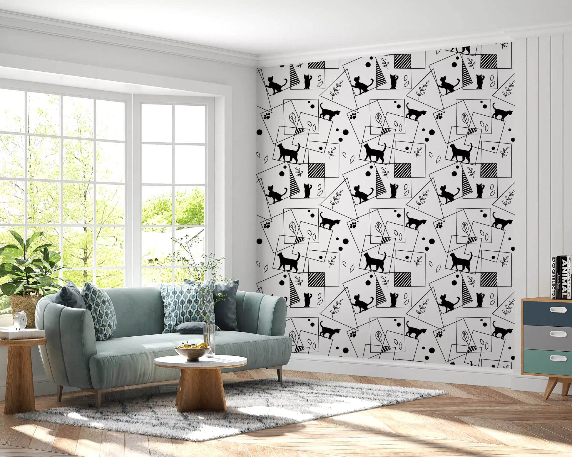 Living room wall printed with Geometric Cats wallpaper showing black feline silhouettes