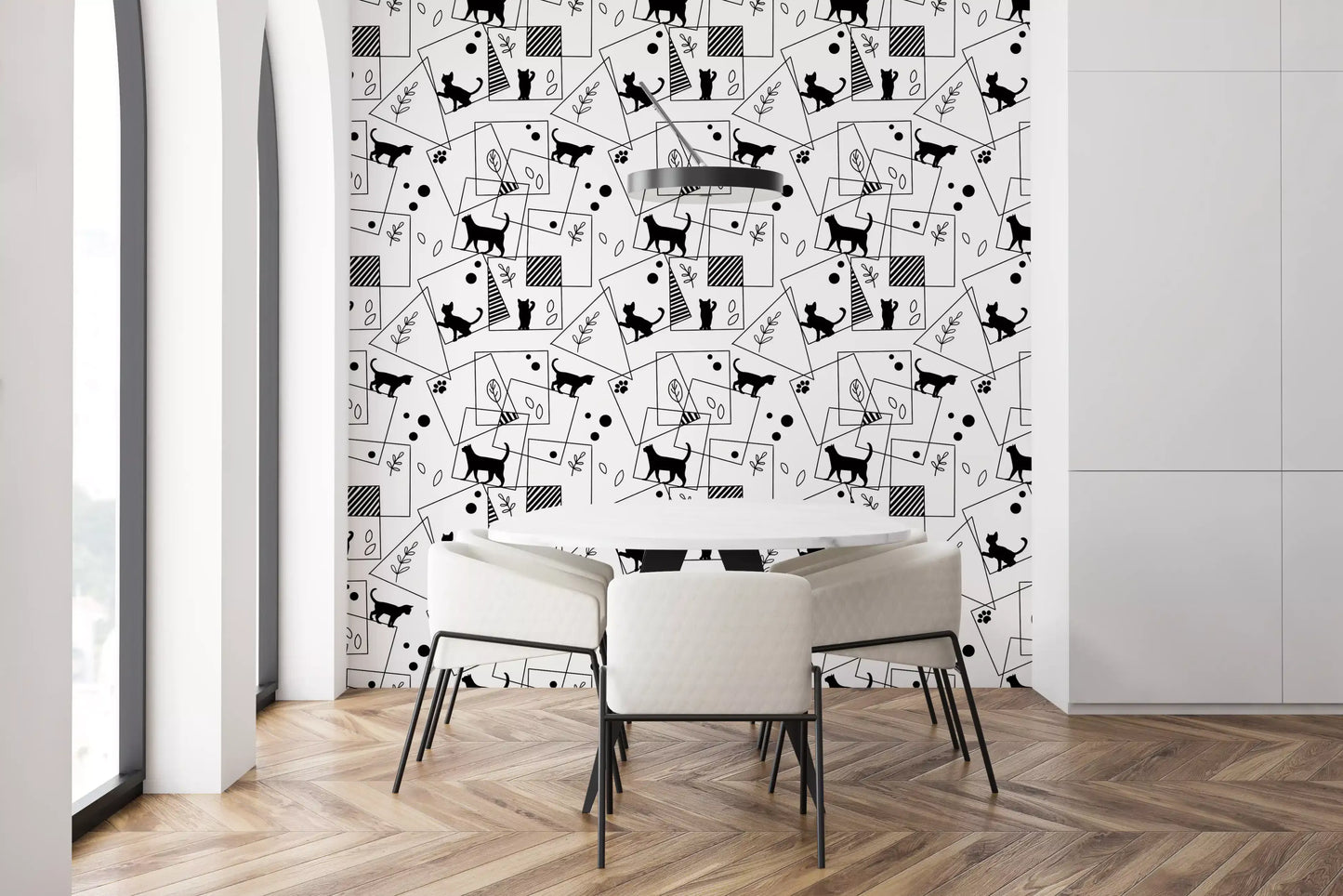 Dining room wall finished in Geometric Cats wallpaper monochrome print
