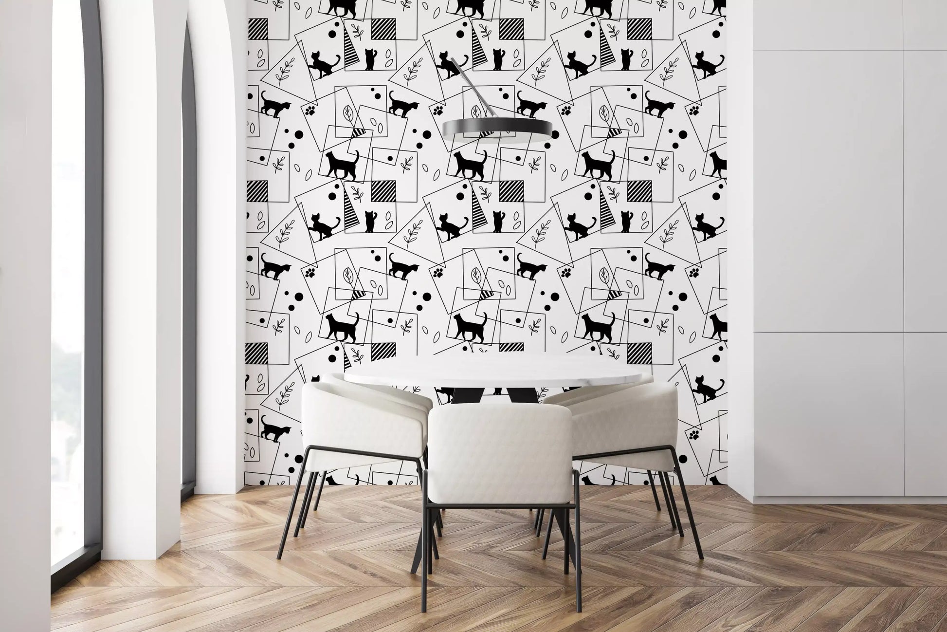 Dining room wall finished in Geometric Cats wallpaper monochrome print
