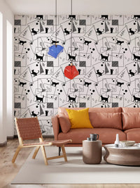 Sketched leaves paired with cats across Geometric Cats wallpaper