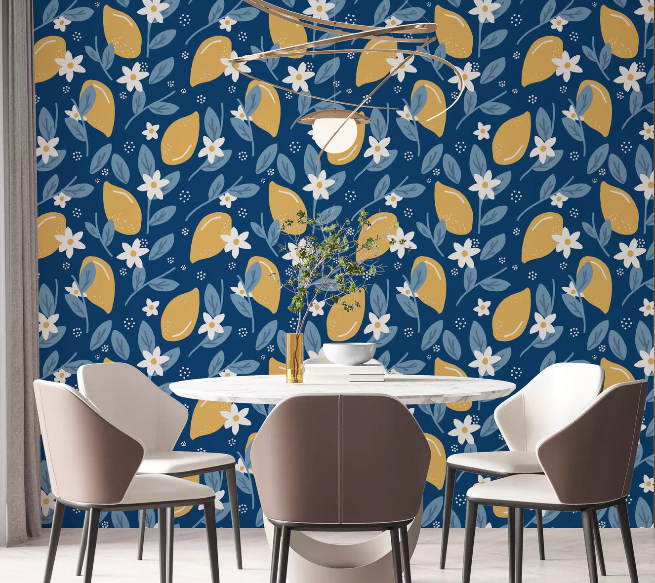 Dining room wall in Lemon Orchard wallpaper with yellow fruit