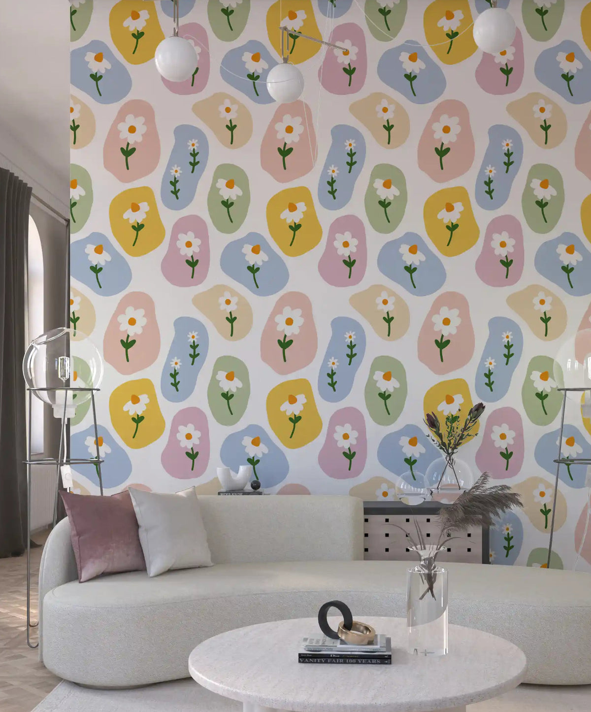 Living room styled with Pastel Daisy Pebbles Wallpaper in soft floral colors
