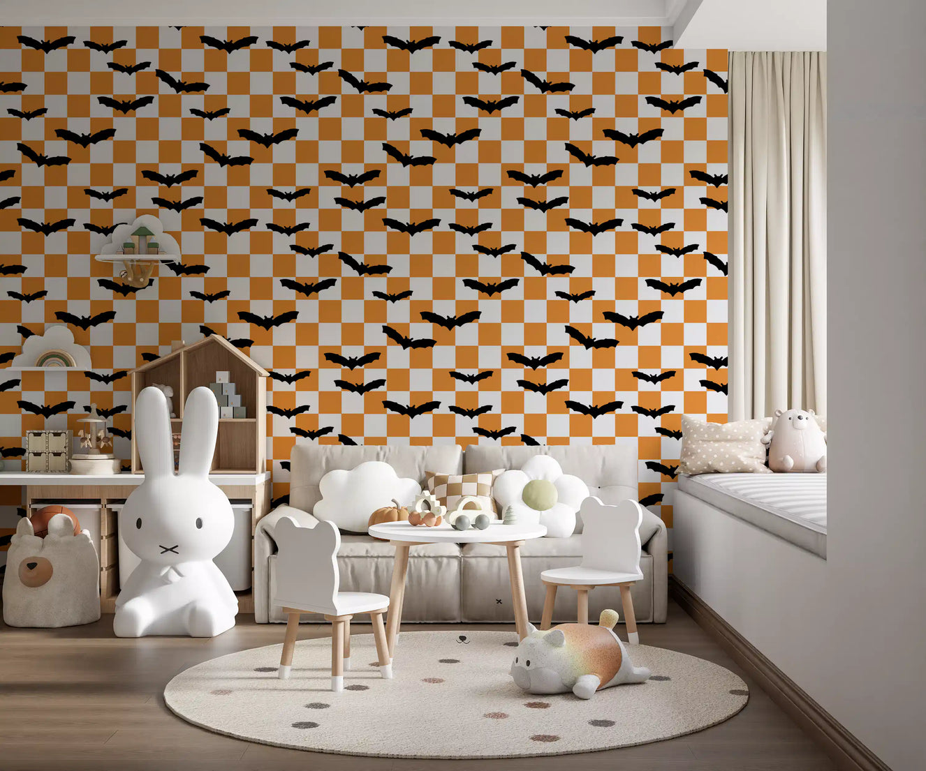 Kids room with Spooky Checkerboard Bats Wallpaper and sharp contrast