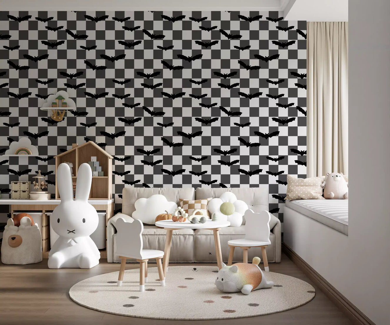 Monochrome Bats Checkerboard  Wallpaper⁠