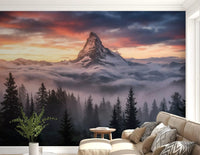 Living room with Mountain Majesty at Sunset wall mural and glowing alpine peak