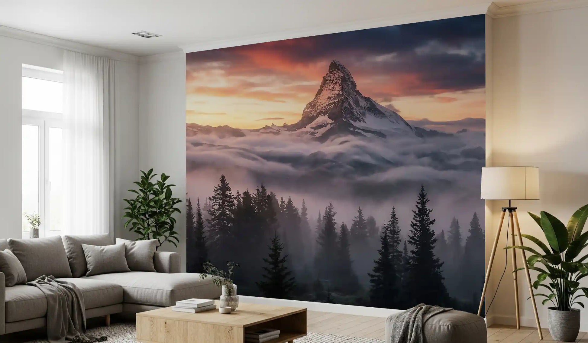 Hallway featuring Mountain Majesty at Sunset wall mural and pine silhouette view