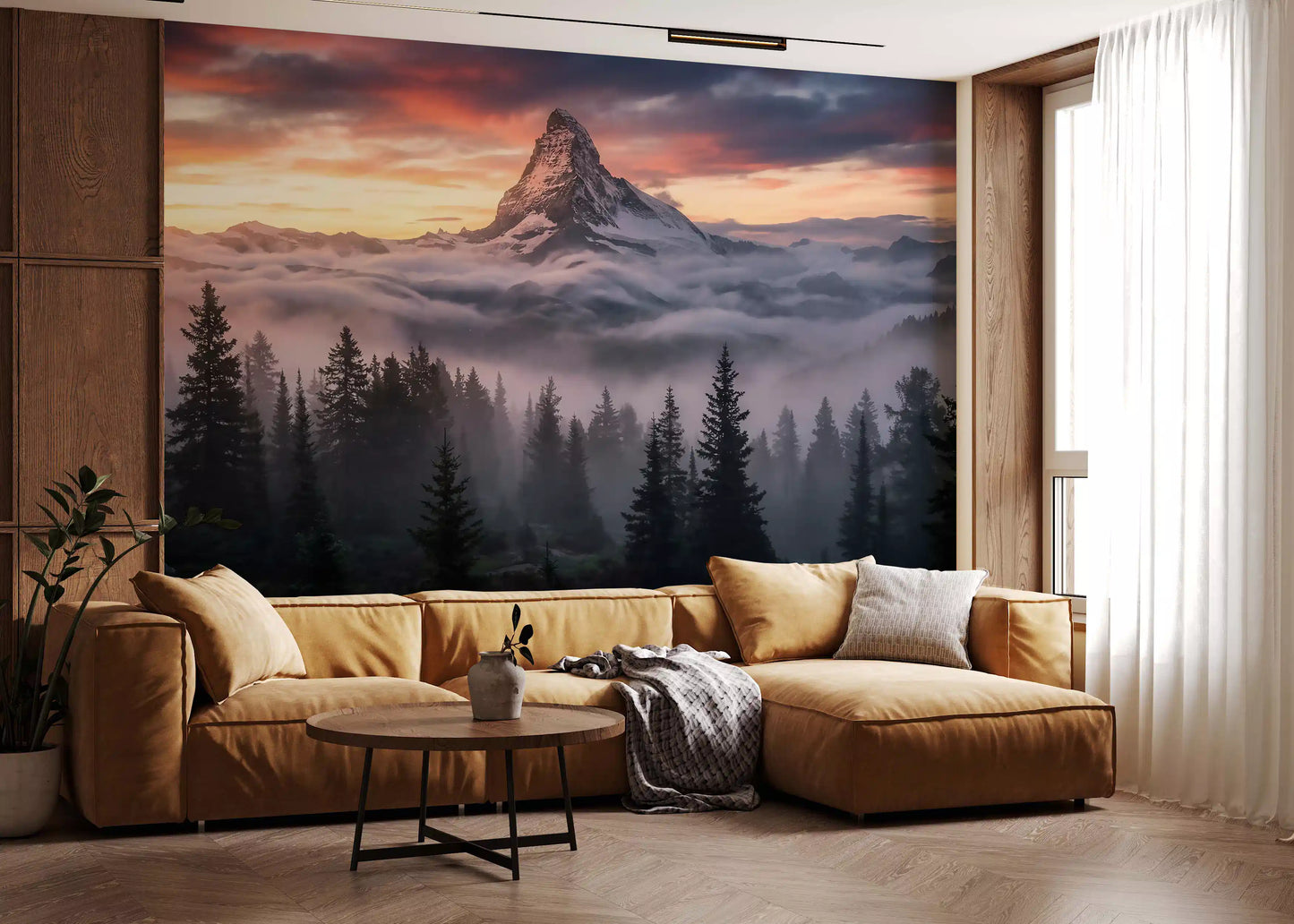 Mountain Majesty at Sunset wall mural with dark pines and sunset cloud color
